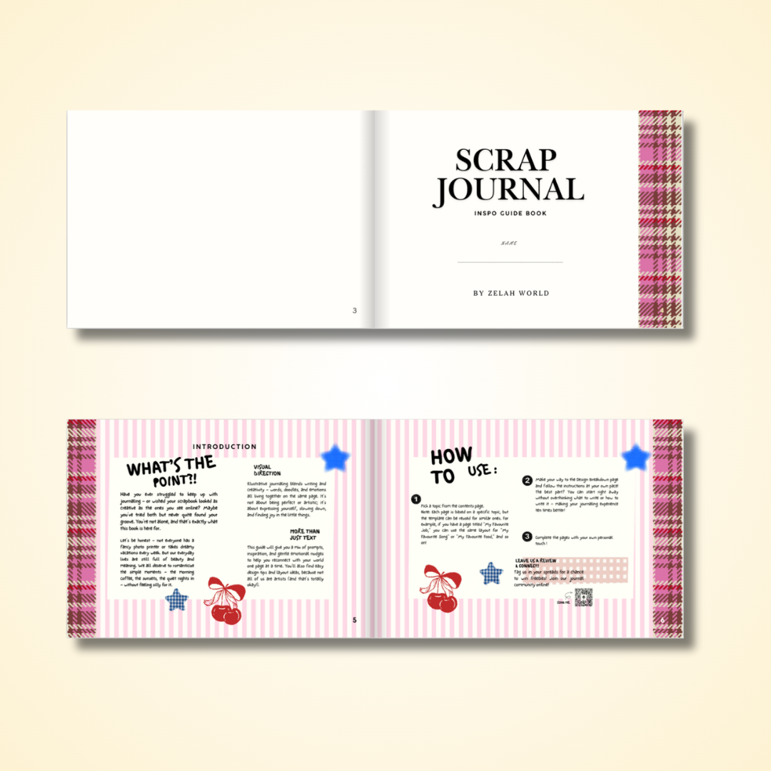 Scrap & Journal Inspo Guide book - Prompts, Layouts, Games & Free Sticker Sheet