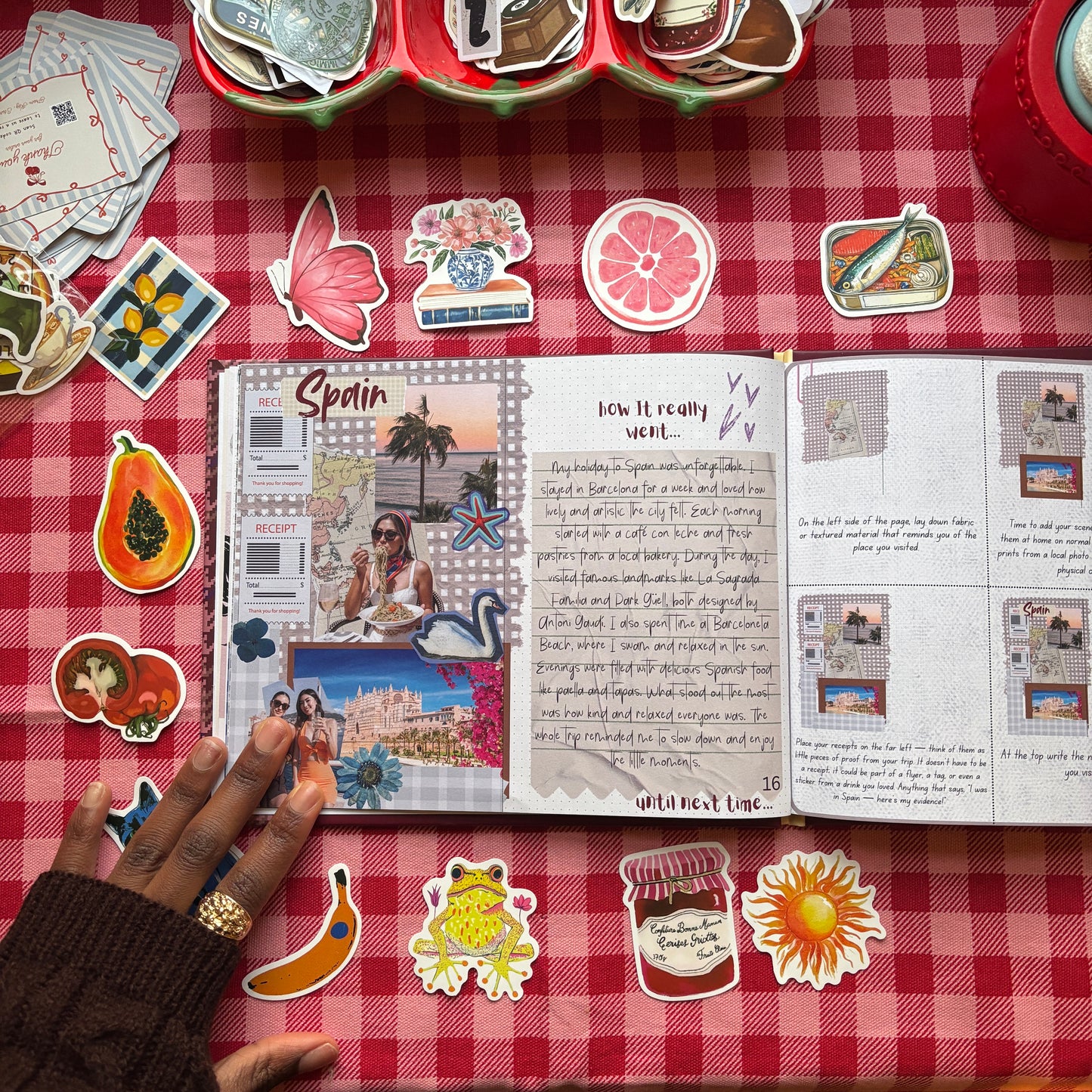 Completed scrap journal travel spread featuring photos, writing prompts, and decorative stickers