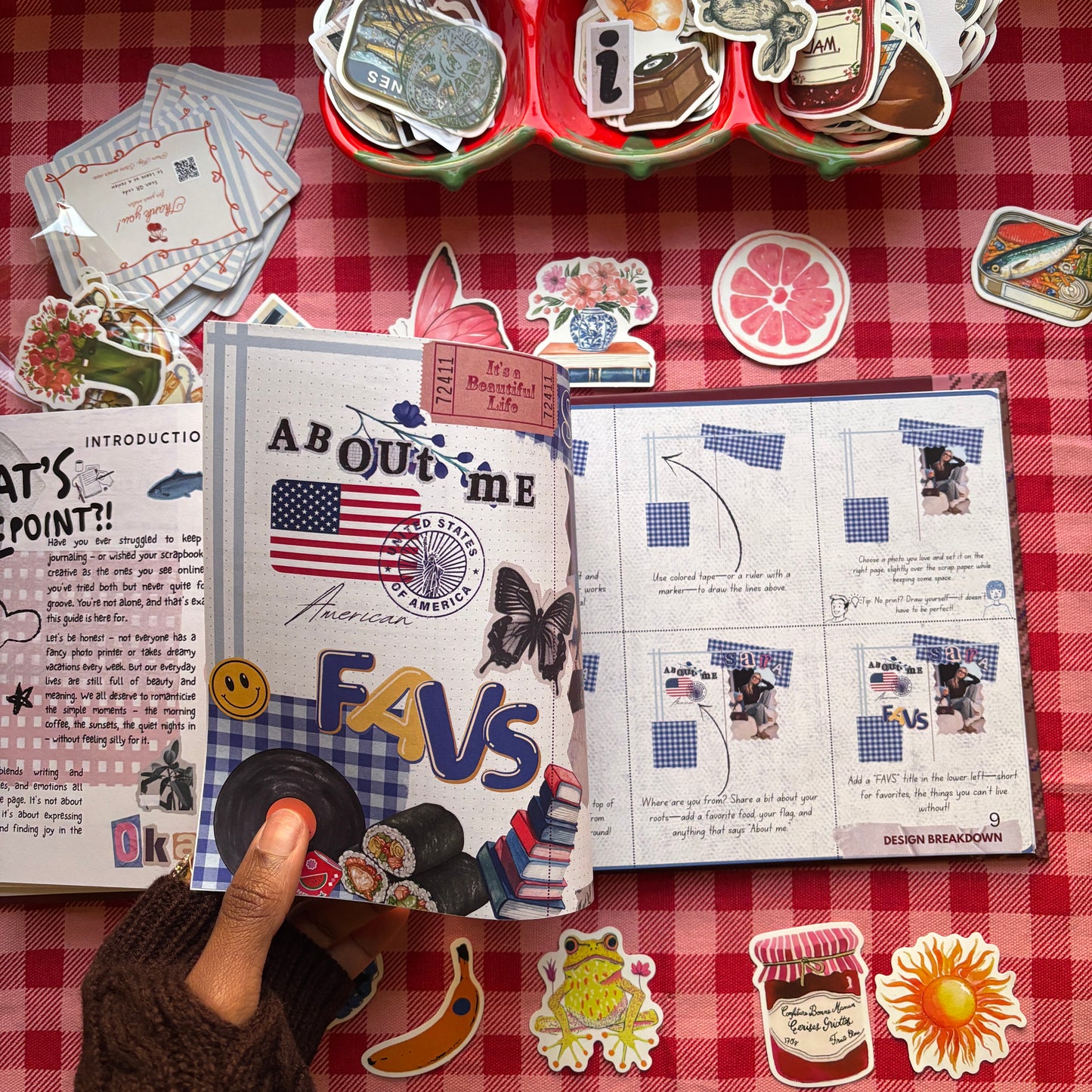 Inside pages of Scrap Journal Guide showing completed scrapbook layouts and design breakdowns