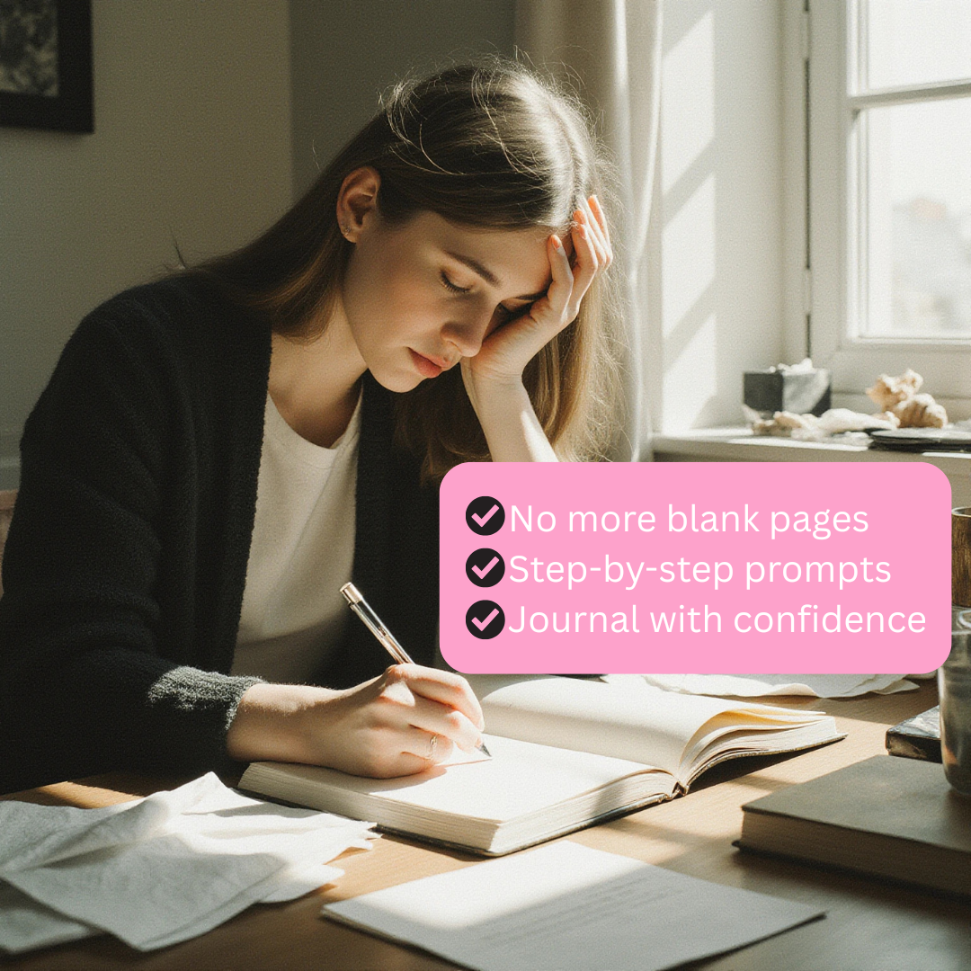 Person journaling at a desk using guided prompts with text overlay about writing with confidence